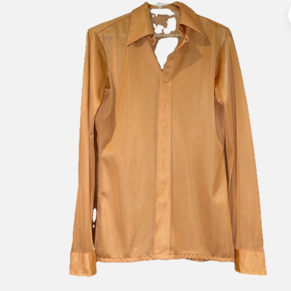 Vintage 1970 Chess King Mens Dress Shirt Peach Spread Collar Long Sleeve Nylon M - Picture 2 of 8